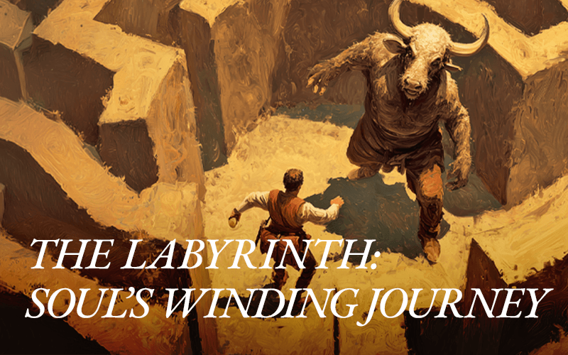Theseus faces the minotaur inside the labyrinth.