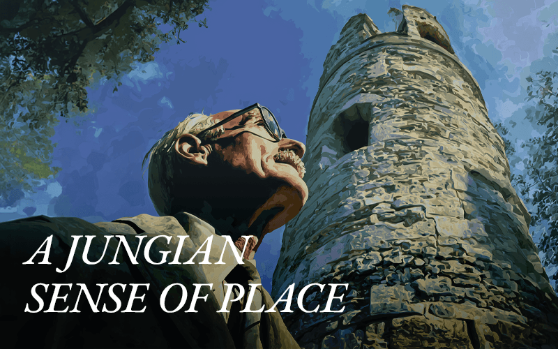 Jung stands in front of Bollingen Tower, illustrating the idea of a Jungian architecture.